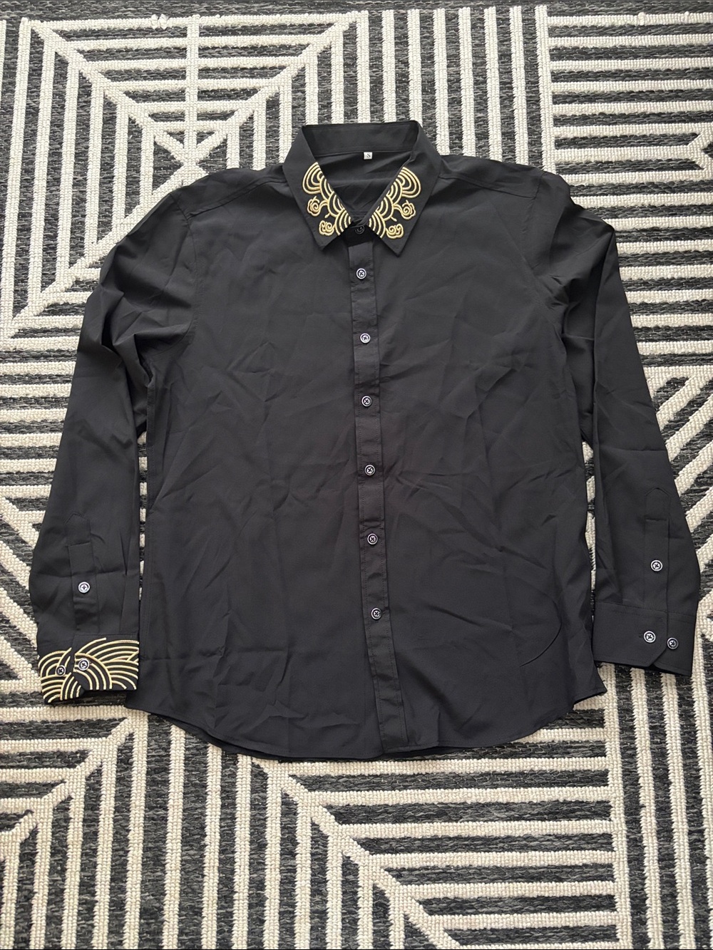 Black Men's Dress Shirt with Gold Embroidered Collar and Cuffs
